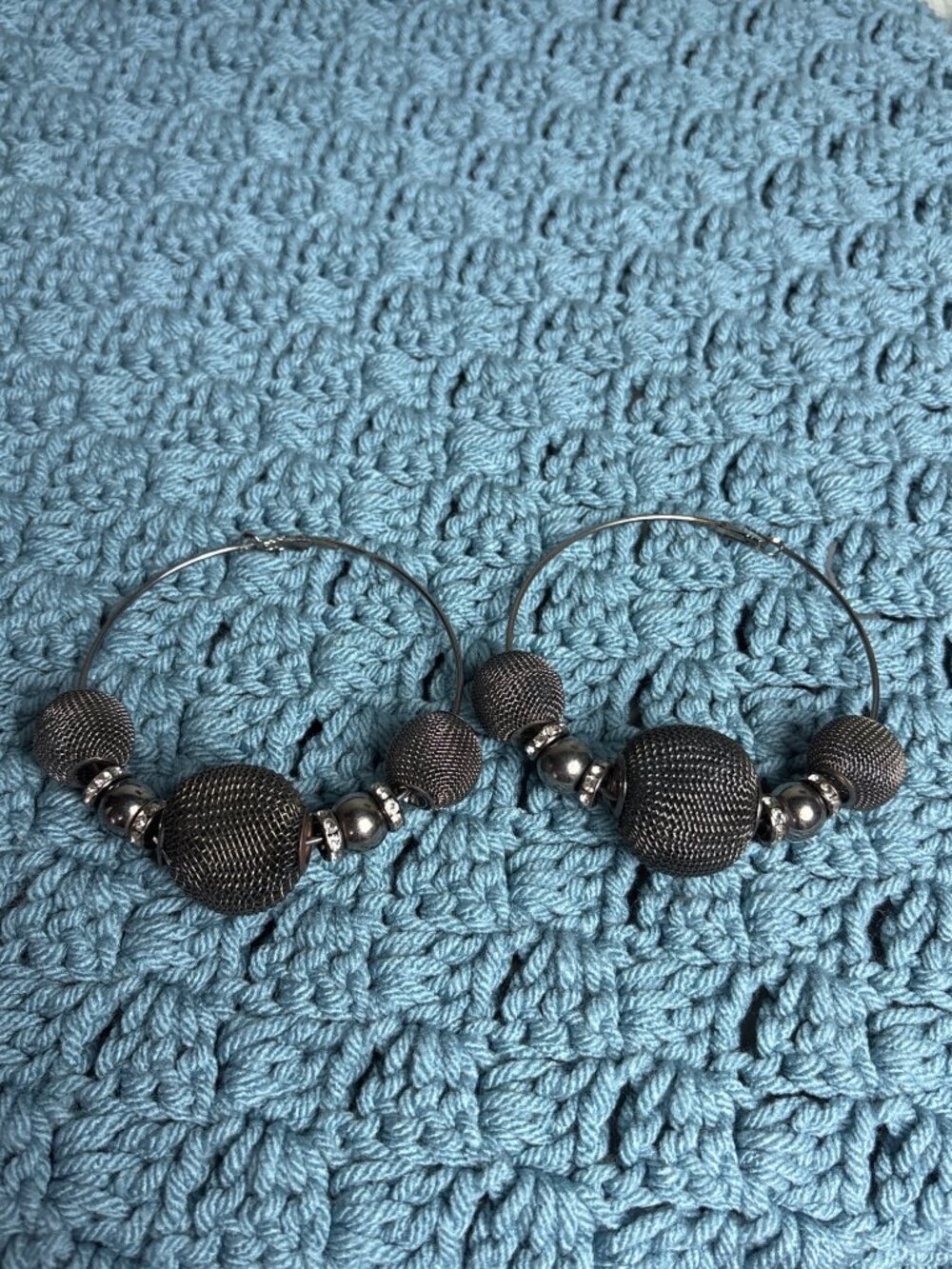 Gunmetal Statement Hoop Earrings Mesh Beads Clear Rhinestones 3.25 inches